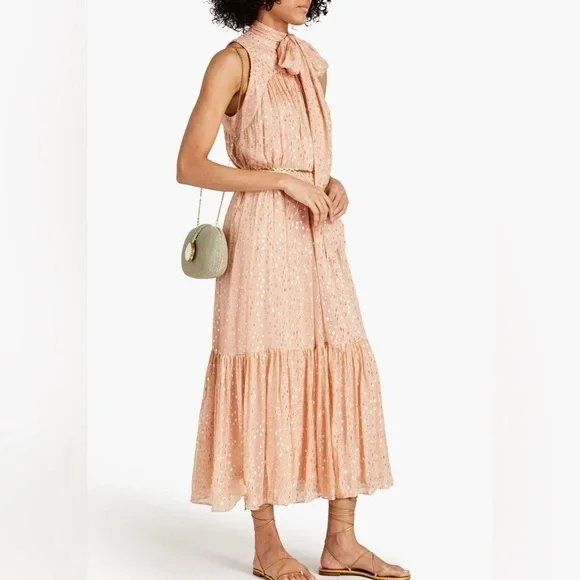ZIMMERMANN SLEEVELESS TIE NECK DRESS Size 2 Blush Gold MIDI Party Glitter Dress - Picture 1 of 13